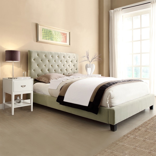 TRIBECCA HOME Sophie Taupe Velvet Bed with Two White Retangular Nightstands