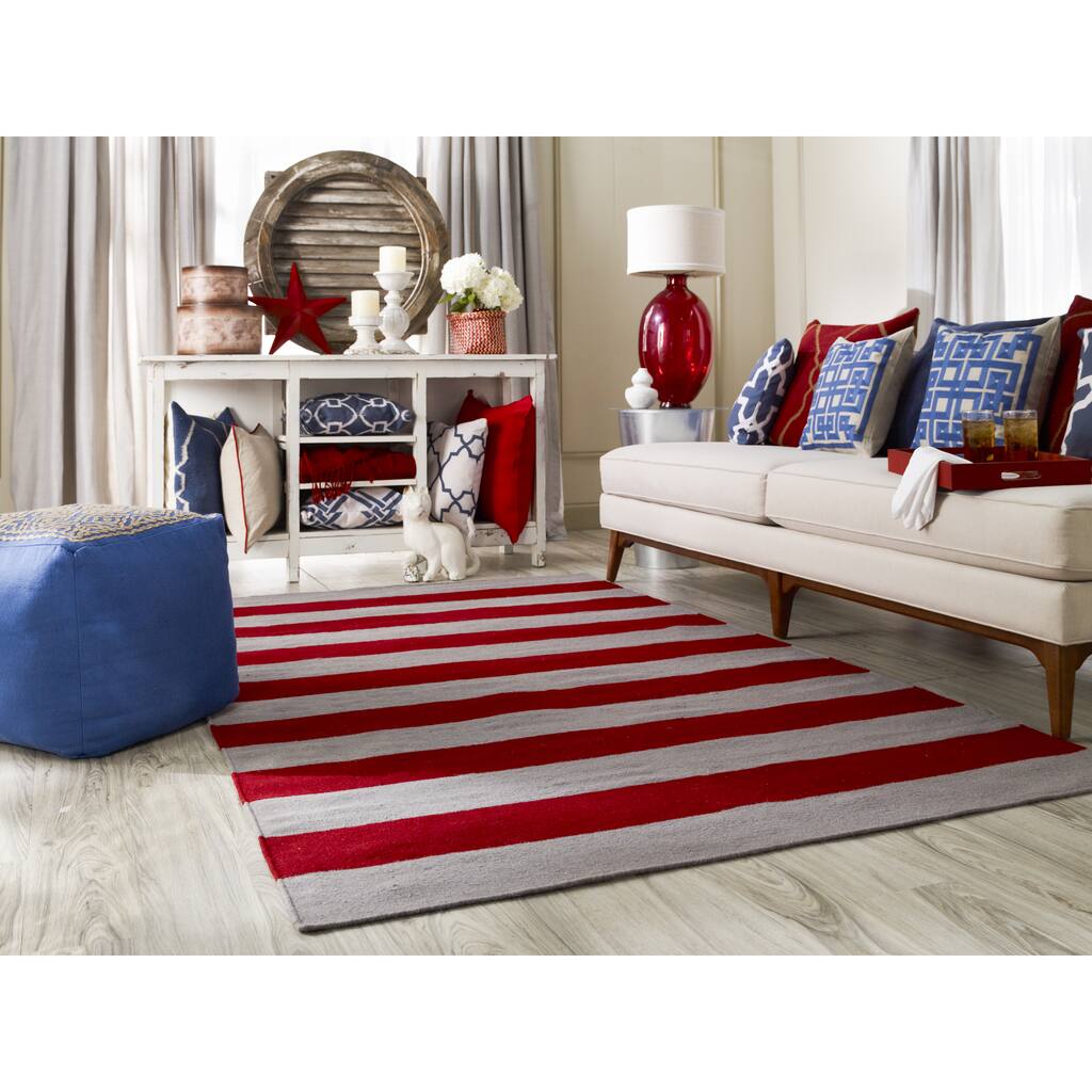 Hand-woven Ruby Stripe Carmine Wool Area Rug - 5' x 8'