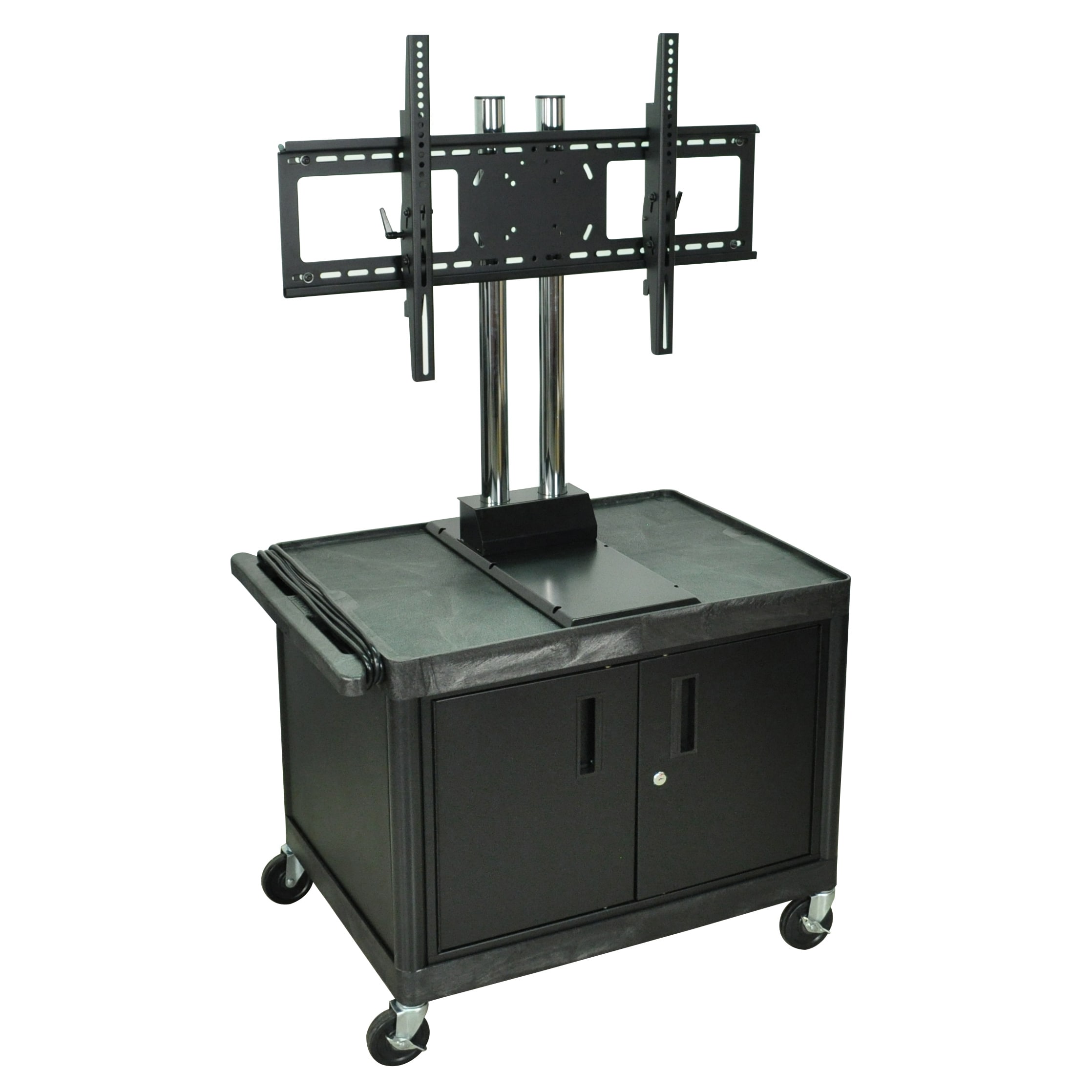H.wilson Black Tuffy Mobile Video Cart With Cabinet And Flat Panel Mount (Black, silverMaterials Thermo plastic, steel, Dimensions 24 inches long x 32 inches wide x 45 inches highNumber of shelves Two(2)3 outlet UL listed electrical assembly with a 15 