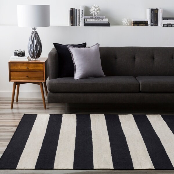 Hand-woven JailhouseStripe Jet Black Wool Area Rug - 9' x 13'