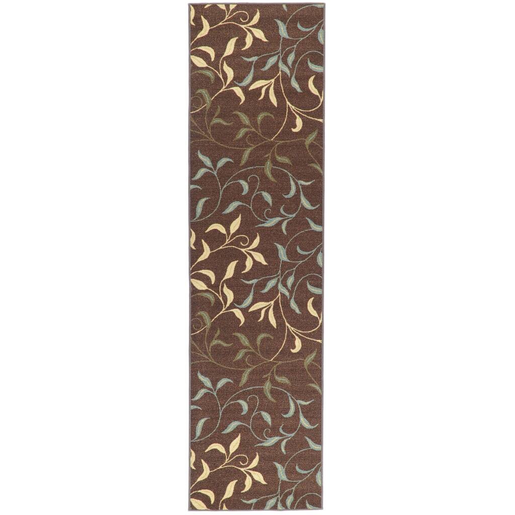 Non-Skid Ottohome Brown Floral Leafs Runner Rug (1'8 x 4'11) - 1'6 x 4'11