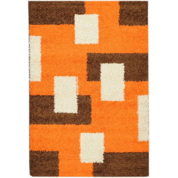 Shag Contemporary Boxes Orange Area Rug (5' x 7') 5x8   6x9 Rugs