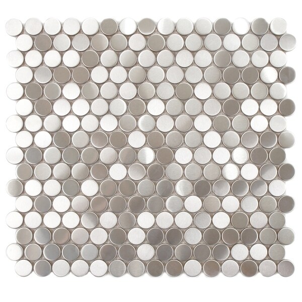SomerTile 11.875x11.875-in Chromium Penny Stainless Steel Over Porcelain Mosaic Wall Tile (Pack of 1