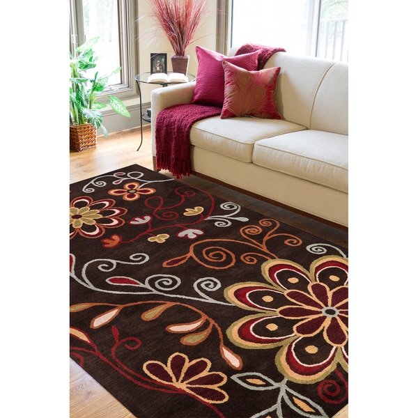 Hand-tufted Mod Floral Chocolate Brown Wool Area Rug - 5' x 8'