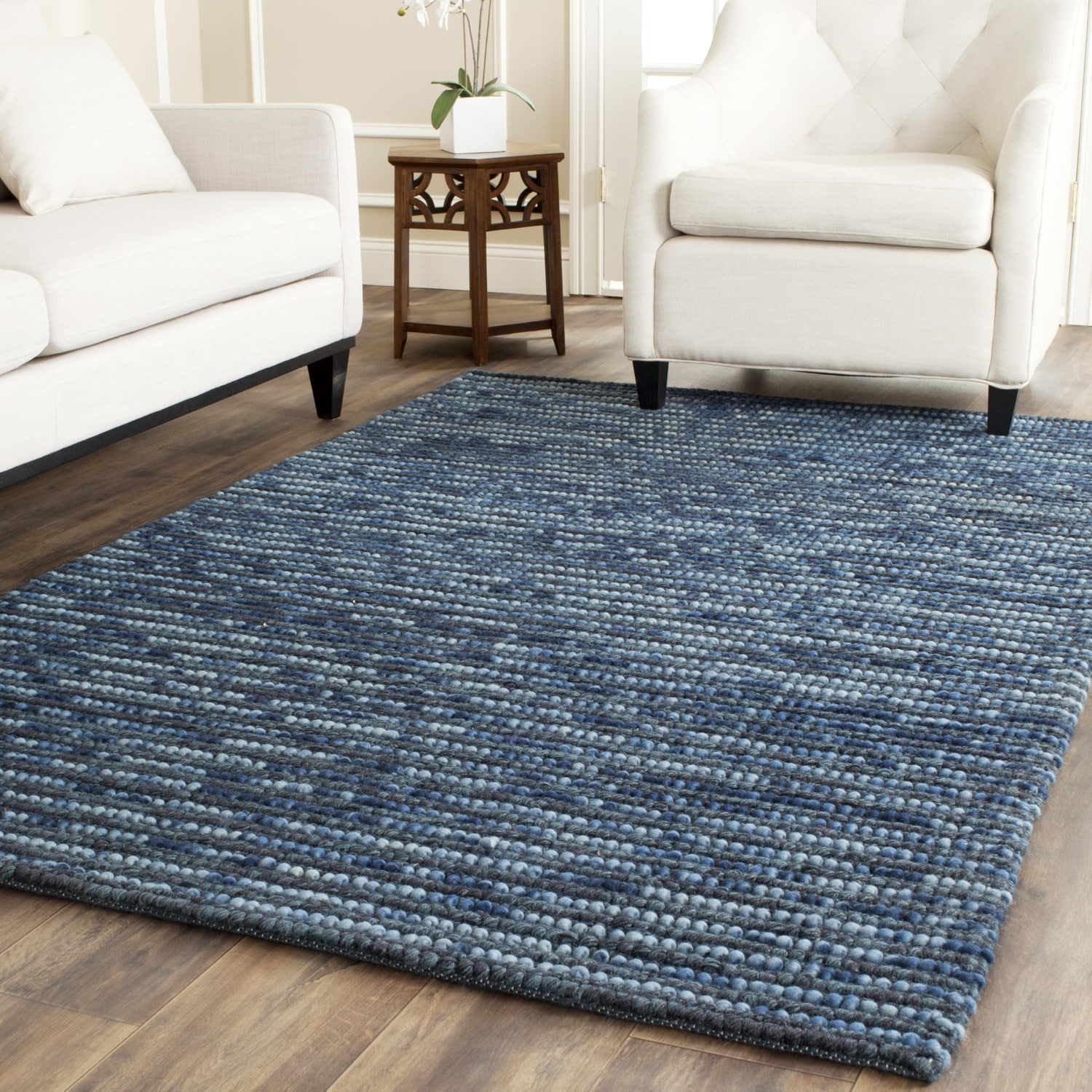 Hand knotted Vegetable Dye Chunky Dark Blue Hemp Rug (6 Square)