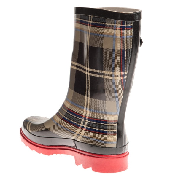 red plaid rain boots