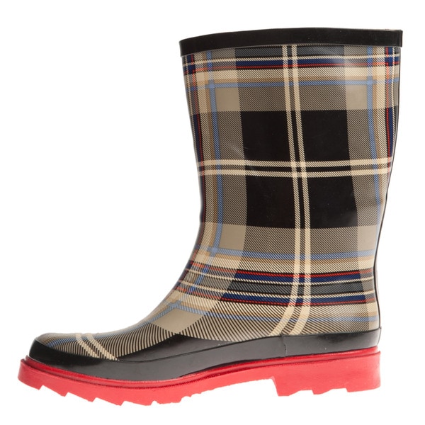 red plaid rain boots