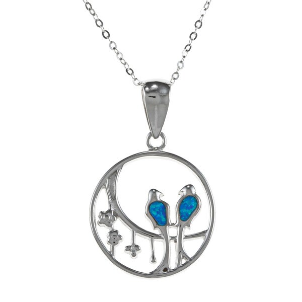 La Preciosa Sterling Silver Created Blue Opal Open Circle Bird Necklace. Opens flyout.