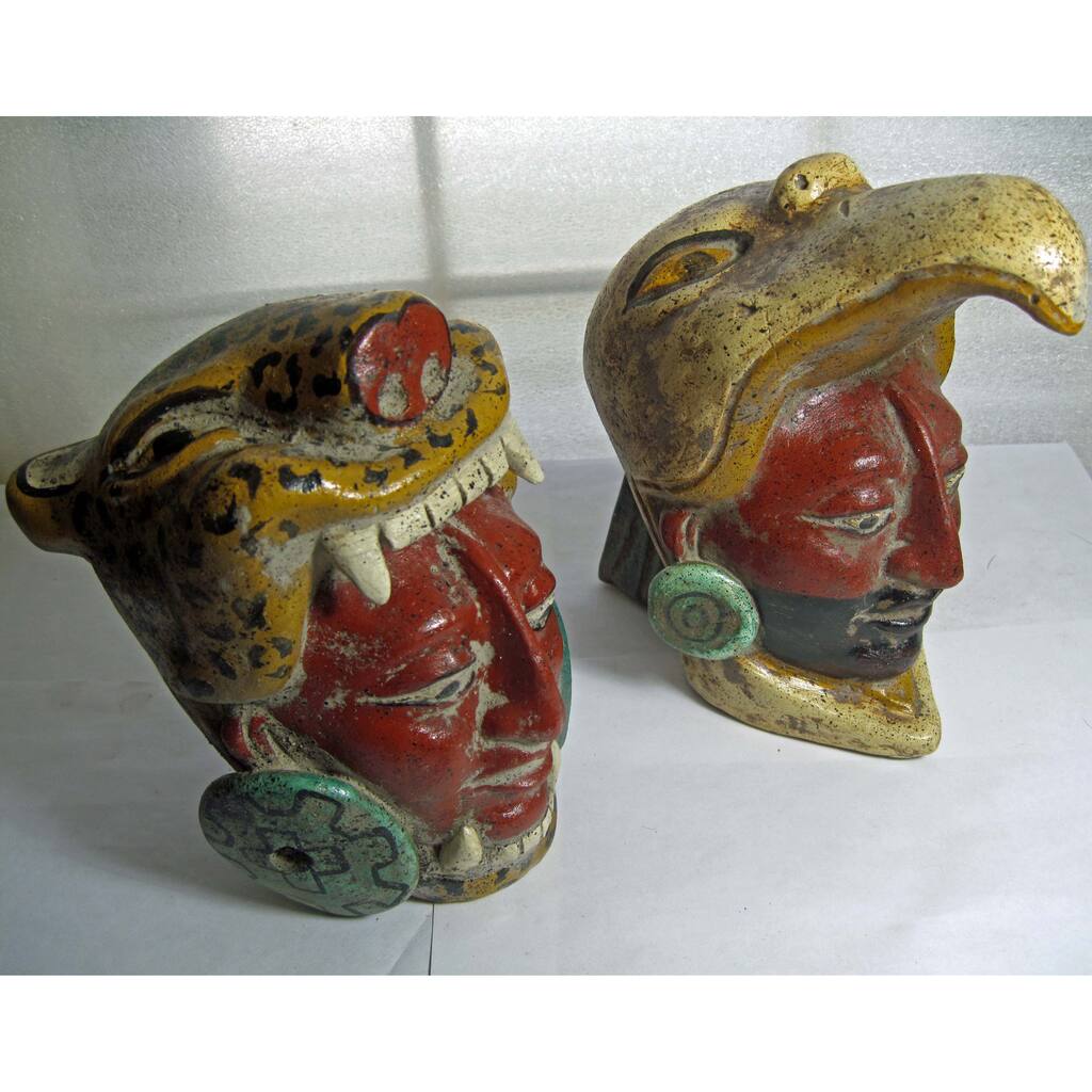 Set of 2 Ceramic Aztec Warrior Heads (Mexico)