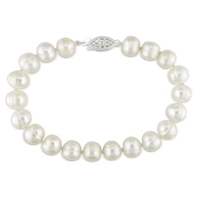 Miadora Sterling Silver White Cultured Freshwater Pearl Bracelet (7.5-8 mm)