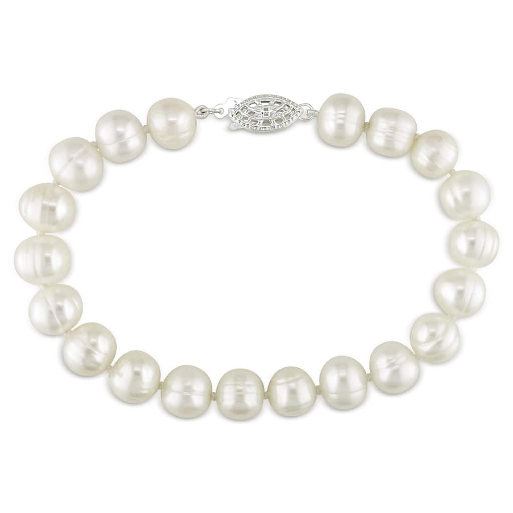 Miadora Sterling Silver White Cultured Freshwater Pearl Bracelet (7.5-8 mm)