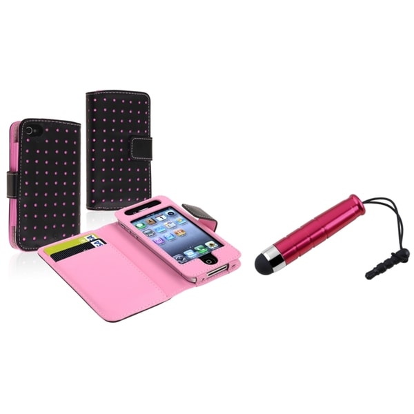 INSTEN Black/ Pink Wallet Phone Case Cover/ Red Mini Stylus for Apple iPhone 4/ 4S