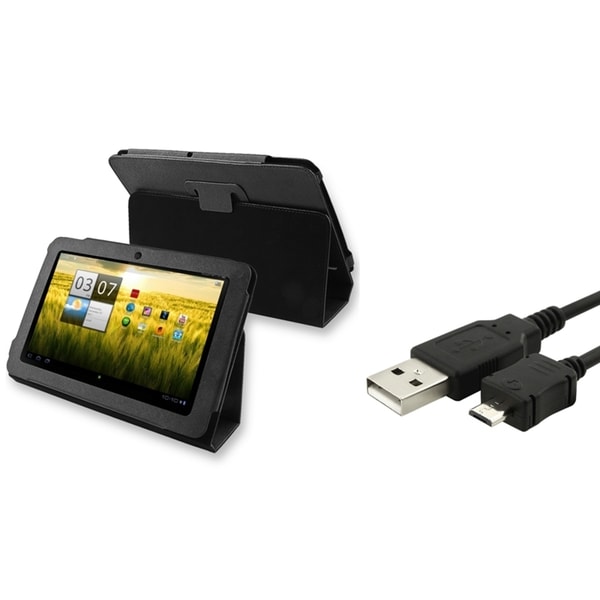 Black Folio Stand Leather Skin Cover Case+USB 2in1 Cable Acer Iconia A200