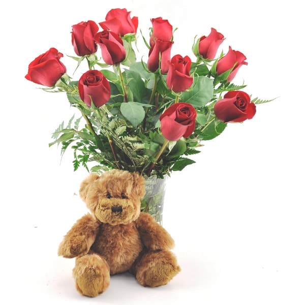 Shop (Valentine's Day Pre-Order) One Dozen Red Roses with Plush Teddy ...