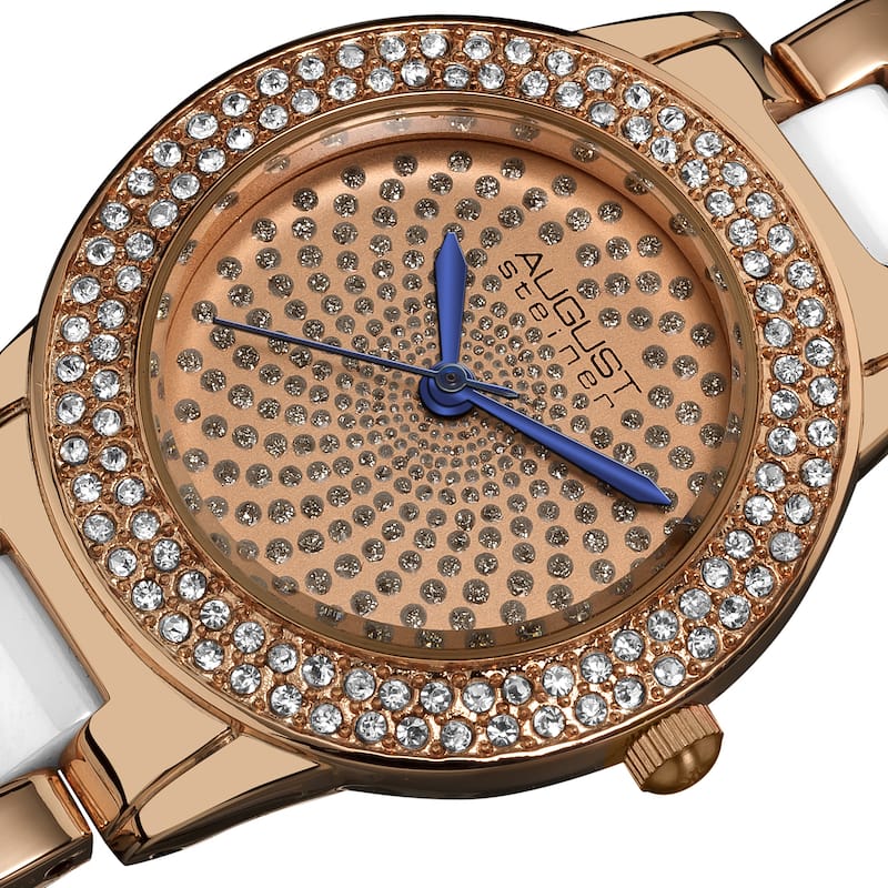 August Steiner Women's Crystal Glitz Ceramic Link Rose-Tone Bracelet Watch - White