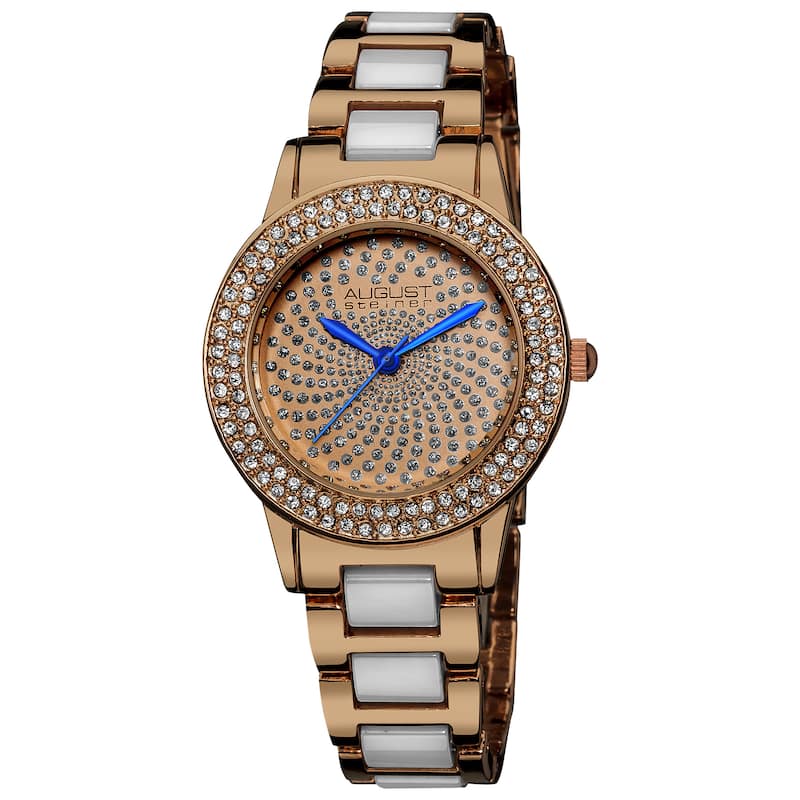 August Steiner Women's Crystal Glitz Ceramic Link Rose-Tone Bracelet Watch - White