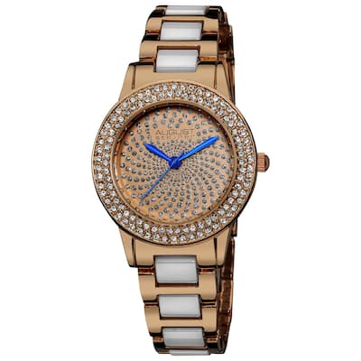 August Steiner Women's Crystal Glitz Ceramic Link Rose-Tone Bracelet Watch - White