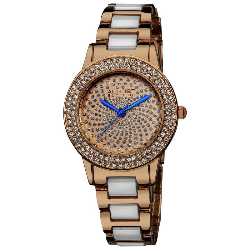 August Steiner Women's Crystal Glitz Ceramic Link Rose-Tone Bracelet Watch - White