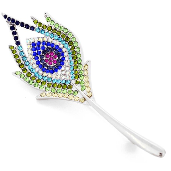 Silvertone Multi-color Crystal Peacock Feather Pin