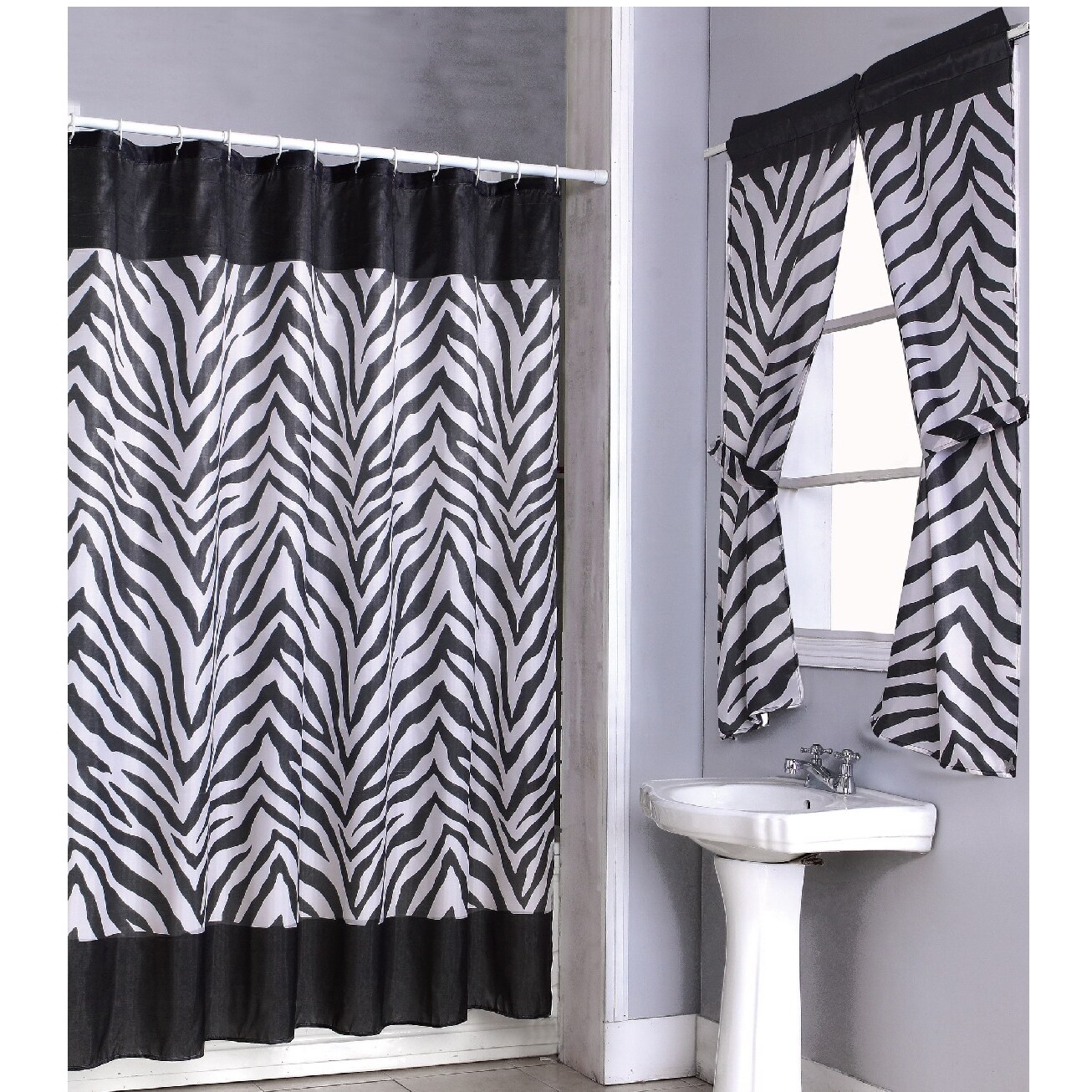 Zebra Print Shower Curtain Set And 4 piece Window Set (ZebraWindow PanelConstruction Pocket rodLining UnlinedDimensions curtain = 54 inches long x 34 inches wideMaterials Polyester/ PVCTiebacks included Care instructions Machine washableShower curtai