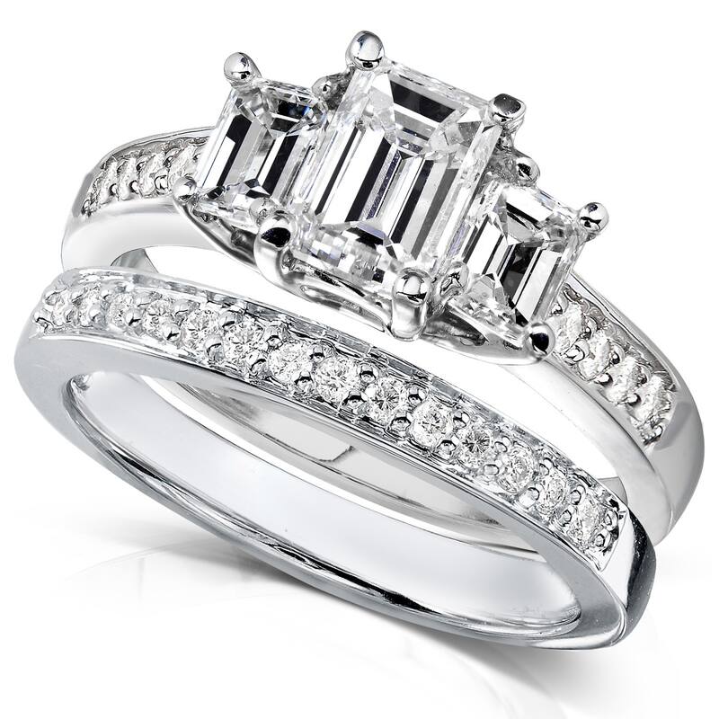 Annello by Kobelli 14k White Gold 1 7/8ct TDW Emerald Cut Natural Diamond 3-Stone Bridal Set