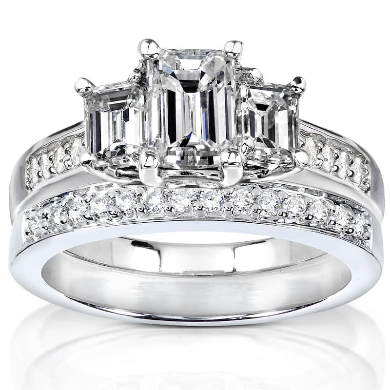 Annello by Kobelli 14k White Gold 1 7/8ct TDW Emerald Cut Natural Diamond 3-Stone Bridal Set - 4