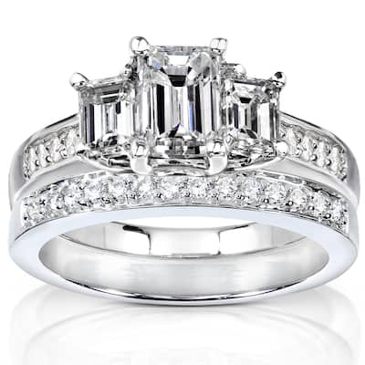 Annello by Kobelli 14k White Gold 1 7/8ct TDW Emerald Cut Natural Diamond 3-Stone Bridal Set