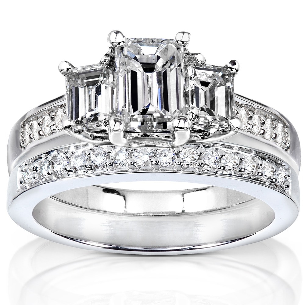 Kobelli 1.80 Carats Emerald Natural Diamond Solid 14k White Gold 3-Stone Pavé Bridal Set