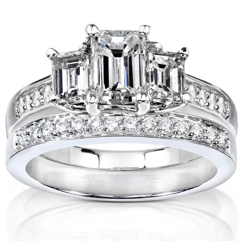 Kobelli 1.80 Carats Emerald Natural Diamond Solid 14k White Gold 3-Stone Pavé Bridal Set - 9.5