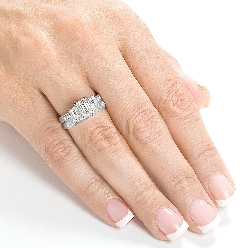 Annello by Kobelli 14k White Gold 1 7/8ct TDW Emerald Cut Natural Diamond 3-Stone Bridal Set