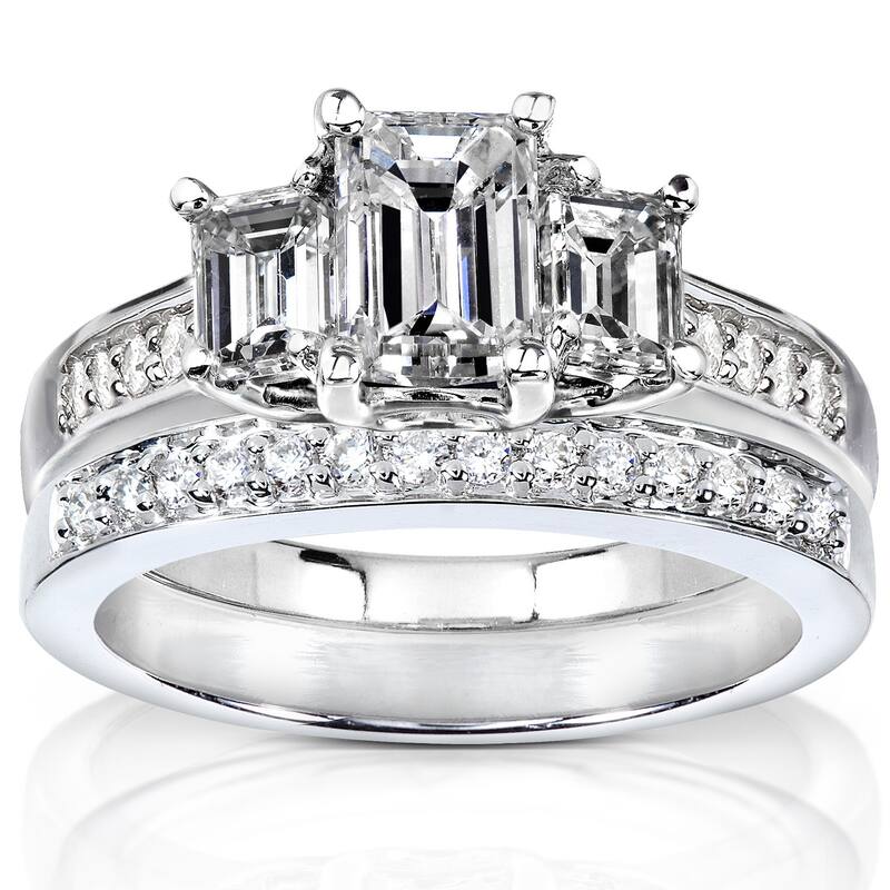 Annello by Kobelli 14k White Gold 1 7/8ct TDW Emerald Cut Natural Diamond 3-Stone Bridal Set