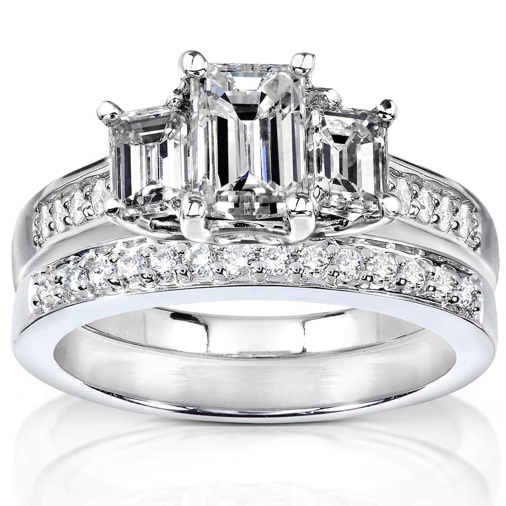 Kobelli 14k White Gold 1 7/8ct TDW Emerald Cut Natural Diamond 3-Stone Bridal Set