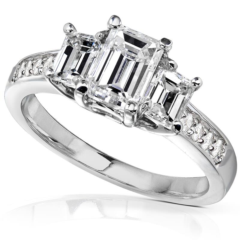 Kobelli 1.7 Carats Natural Diamond 14k Solid White Gold Emerald-cut 3-Stone Pavé Band Engagement Ring