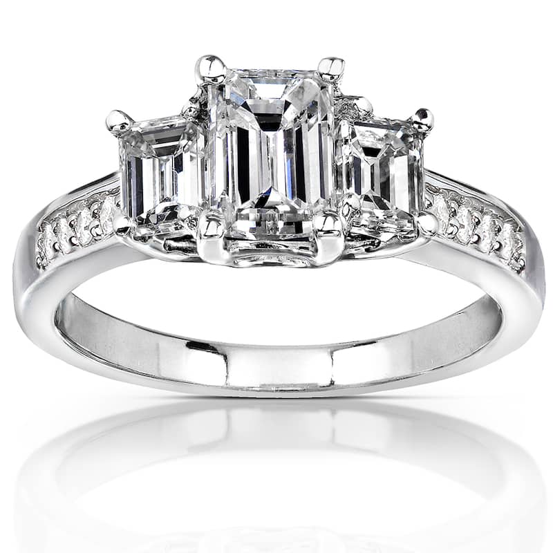 Kobelli 1.7 Carats Natural Diamond 14k Solid White Gold Emerald-cut 3-Stone Pavé Band Engagement Ring - 4