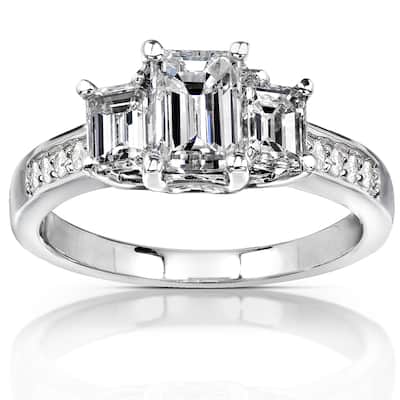 Kobelli 1.7 Carats Natural Diamond 14k Solid White Gold Emerald-cut 3-Stone Pavé Band Engagement Ring