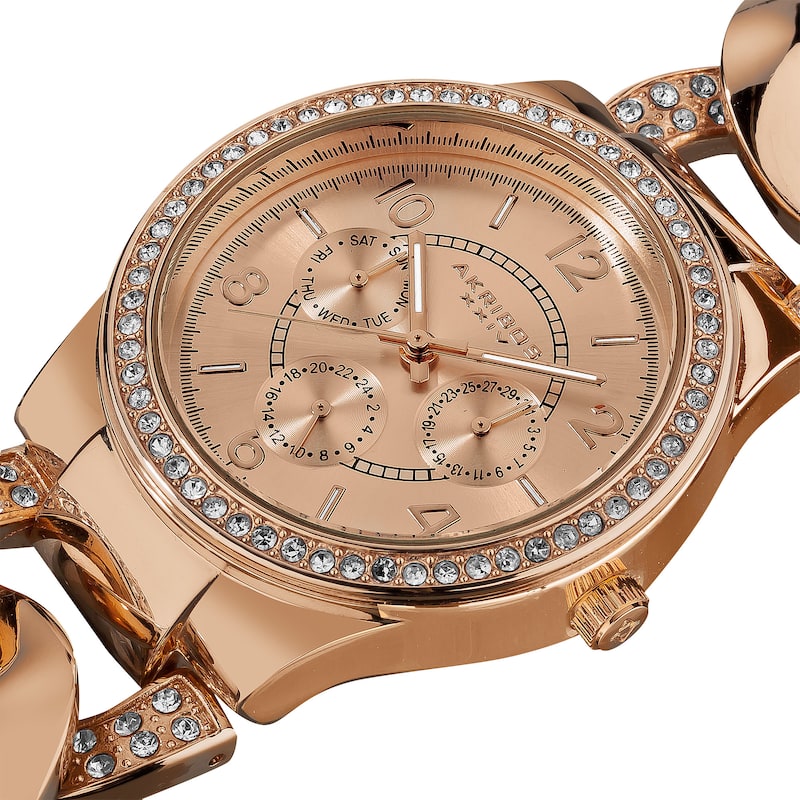 Women's Quartz Multifunction Crystal Accented Twist Chain Rose-Tone Watch