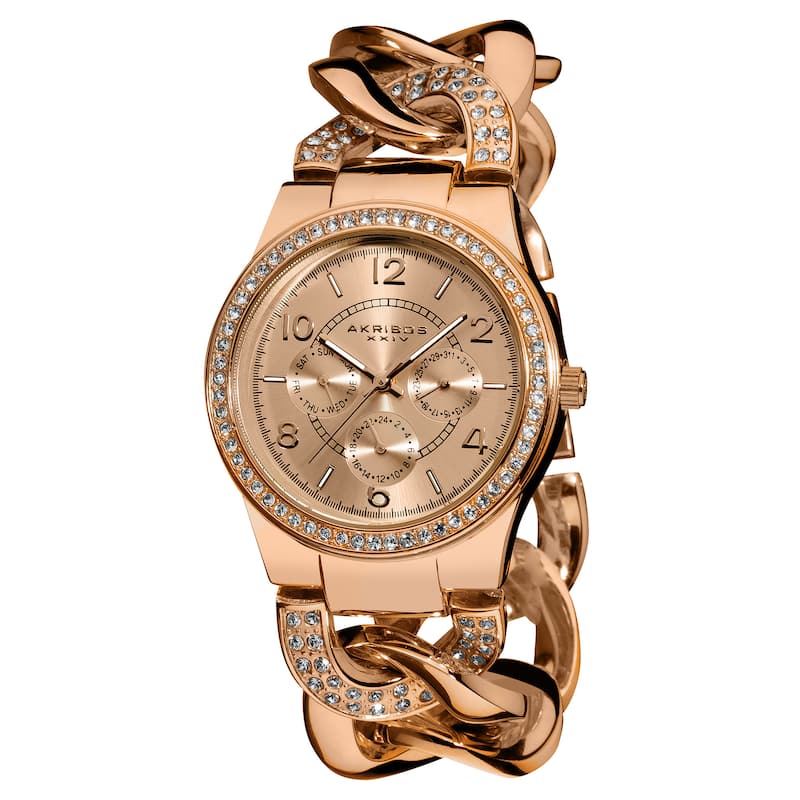 Women's Quartz Multifunction Crystal Accented Twist Chain Rose-Tone Watch