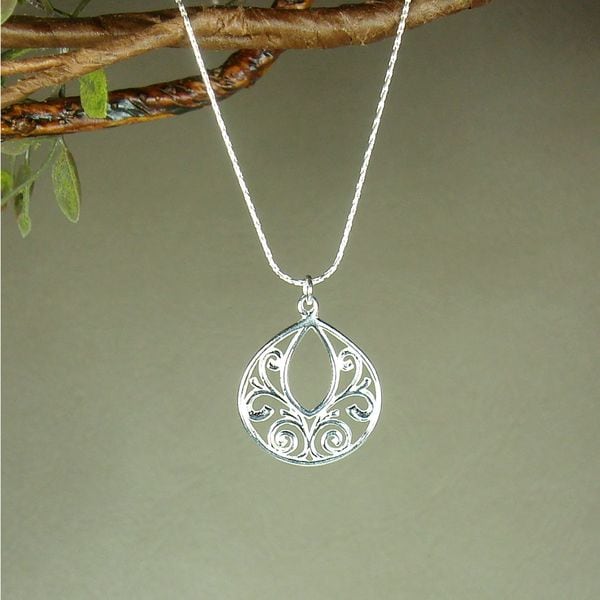 Handmade Jewelry by Dawn Fancy Filigree Teardrop Dainty Sterling Silver Necklace (USA)