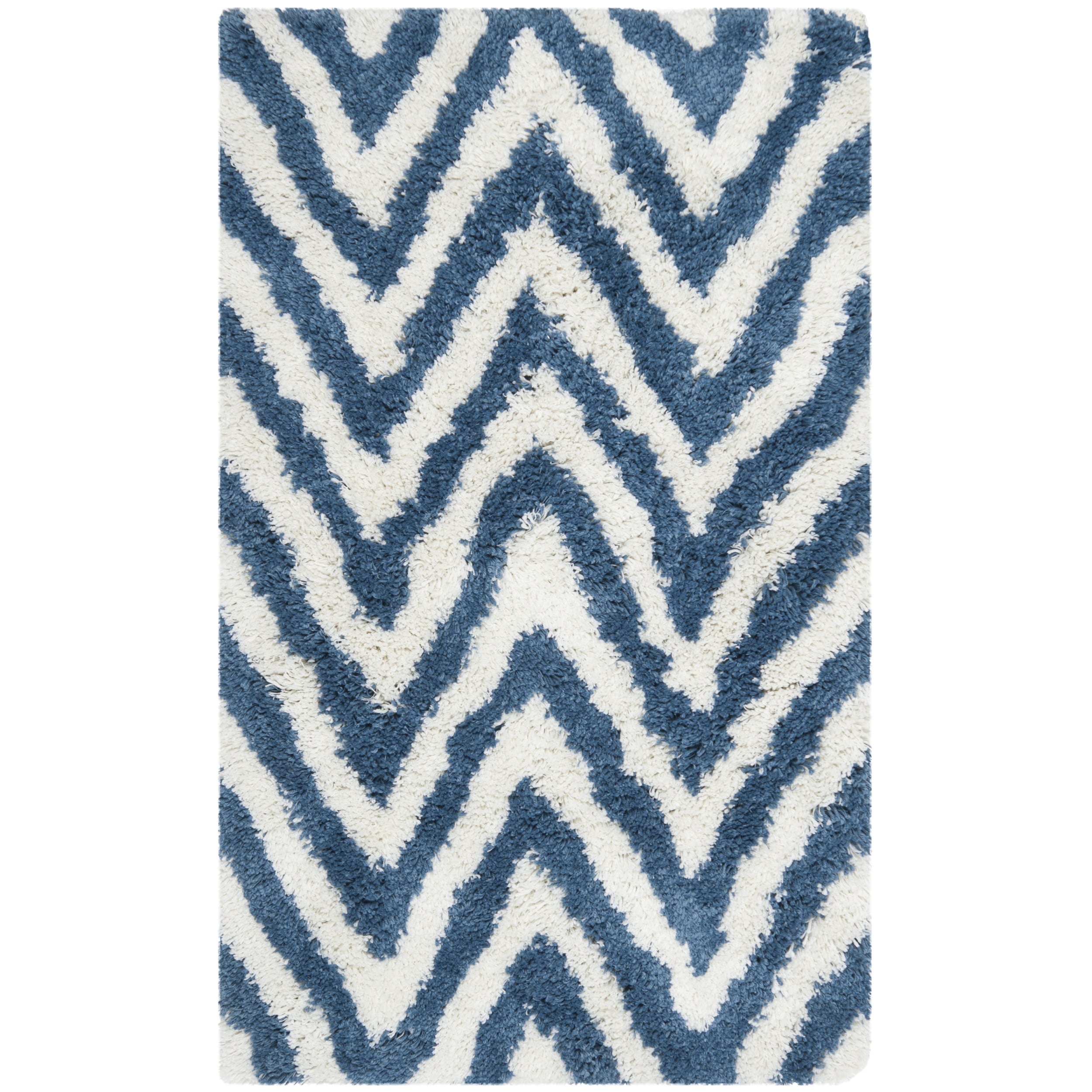 Hand made Chevron Ivory/ Blue Shag Rug (3 X 5)