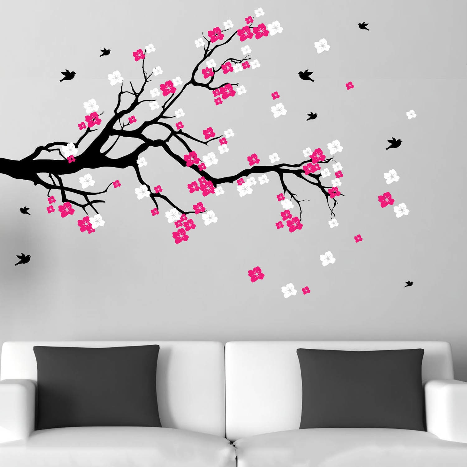 PINK BLOSSOM BRANCH wall stickers 36 decals leaves flowers decor cherry