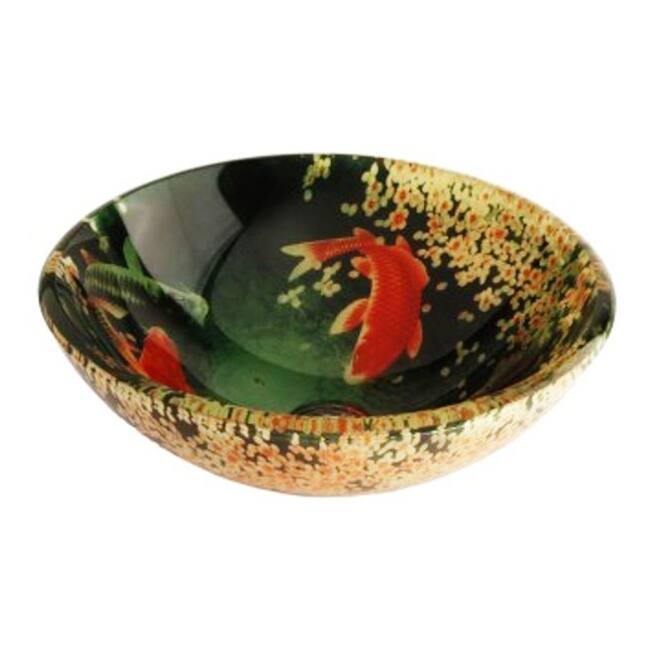 Koi and Lily Pond Green Tempered Glass Vessel Bathroom Lavatory Sink