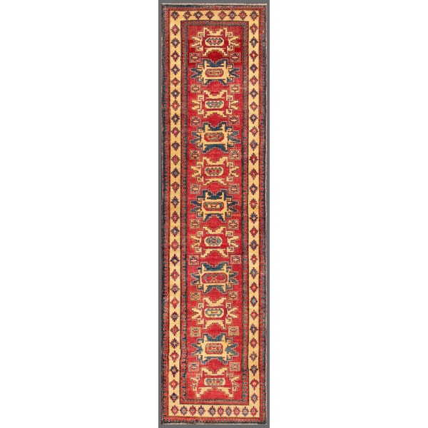 Traditional Afghan Hand Knotted Kazak Red/Ivory Wool Rug (2'9" x 11') Runner Rugs