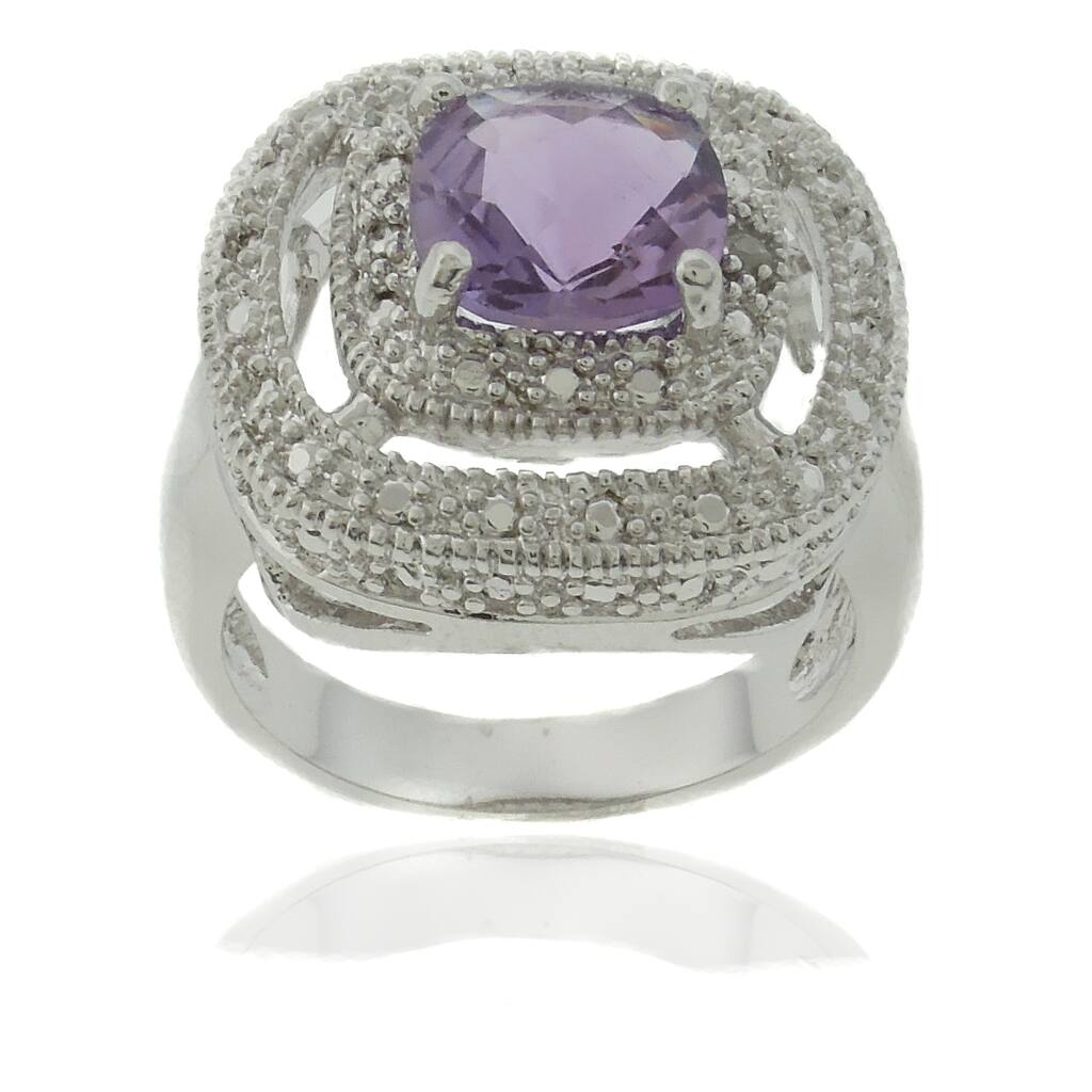 Dolce Giavonna Silver Overlay Amethyst and Diamond Accent Square Ring
