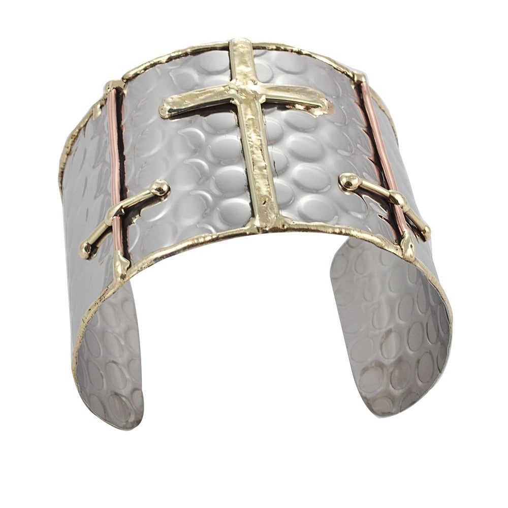 Handcrafted Hammered Brass Copper Sideways Crosses Cuff Bracelet