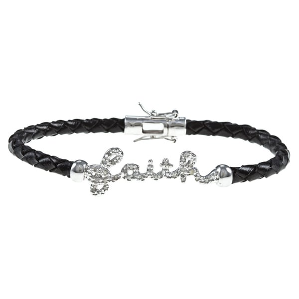 Silver and Black Leather 1/4ct TDW Diamond 'Faith' Bracelet Diamond Bracelets