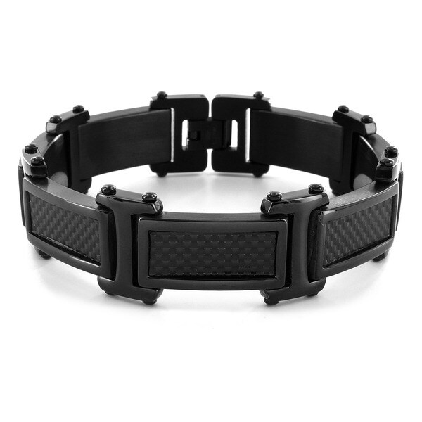 Crucible Black plated Stainless Steel Mens Carbon Fiber Link Bracelet