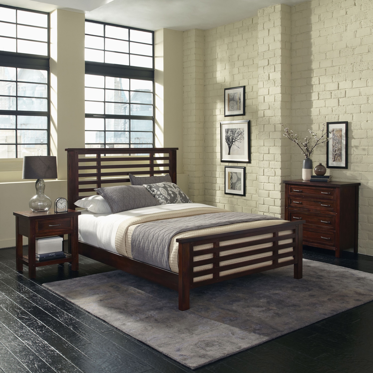 Cabin Creek Queen Bed, Night Stand And Chest (ChestnutMaterials Poplar solids and mahogany veneersFinish Multi step chestnut Bed dimensions 54 inches high x 65.5 inches wide x 88 inches deepNight stand dimensions 26 inches high x 24 inches wide x 18 i