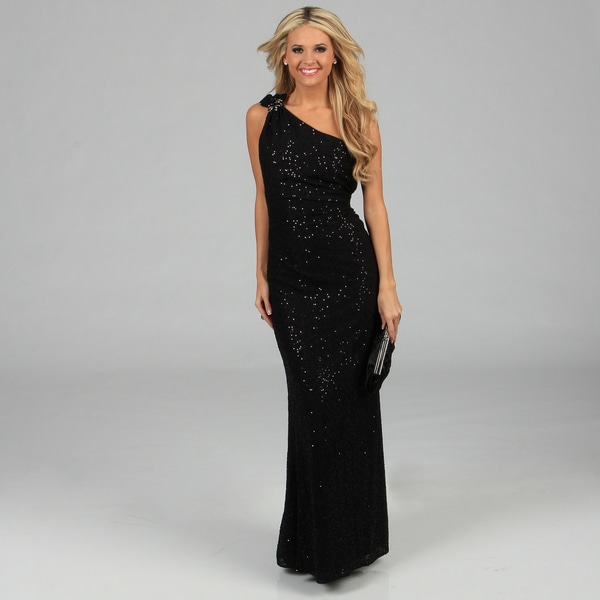 one shoulder black sequin gown