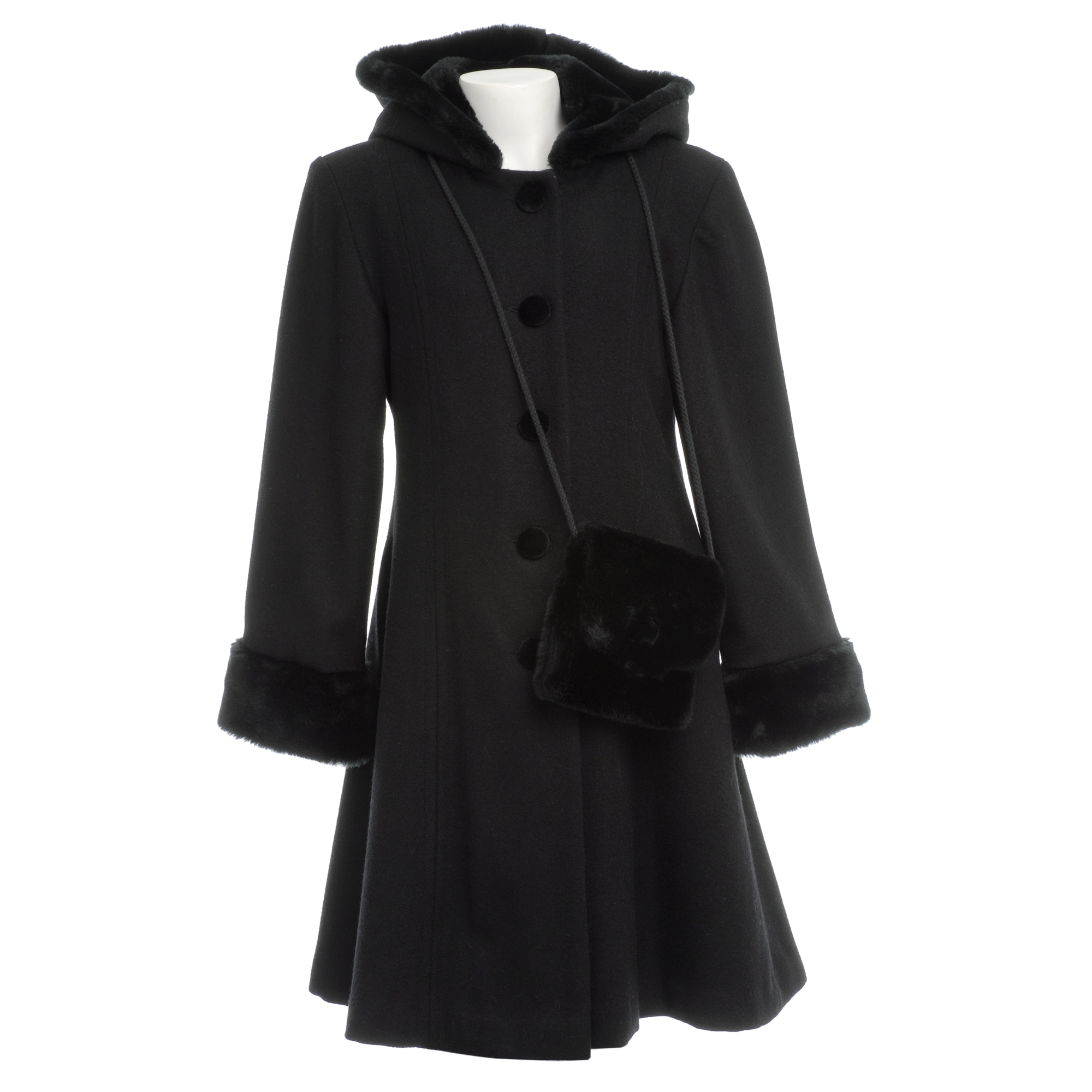 Trilogi Collection Girl's Black Wool-blend Faux Fur Hooded Walking Coat ...