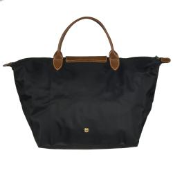 Longchamp Medium Le Pliage Black Nylon Brown Leather Handle Tote Bag